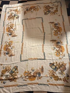 Vintage  Country Kitchen Tablecloth 49x66 Rooster Linen Blend Farmhouse Decor
